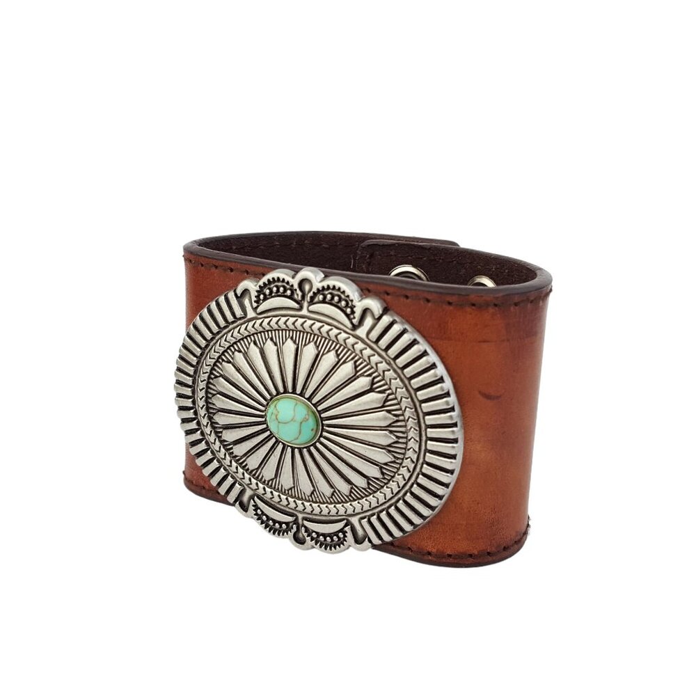 Genuine Leather Cuffs with oval western concho